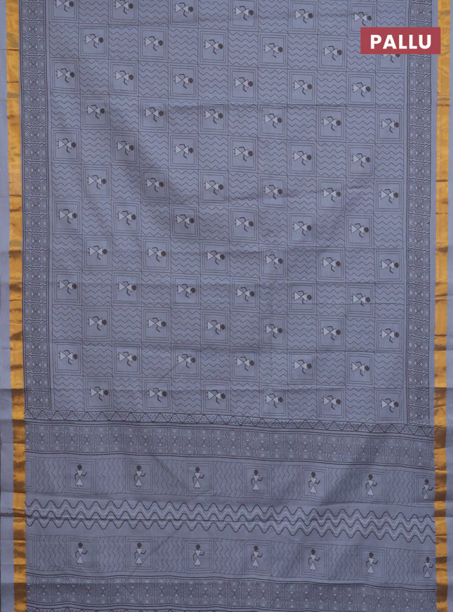 Chirala cotton saree grey with allover warli prints and zari woven border