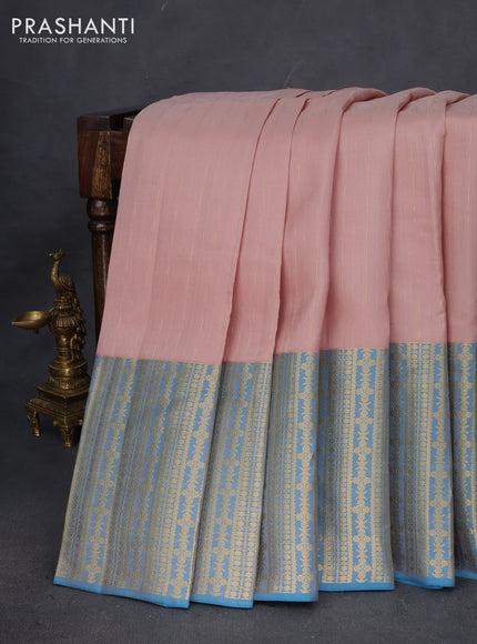 Pure kanchipuram silk saree pastel pink and cs blue with allover zari weaves and long zari woven border