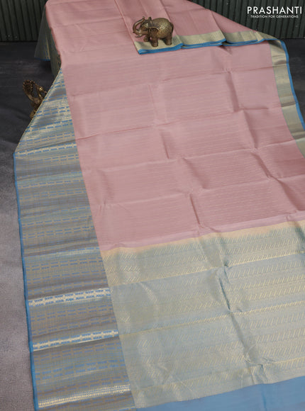 Pure kanchipuram silk saree pastel pink and cs blue with allover zari weaves and long zari woven border