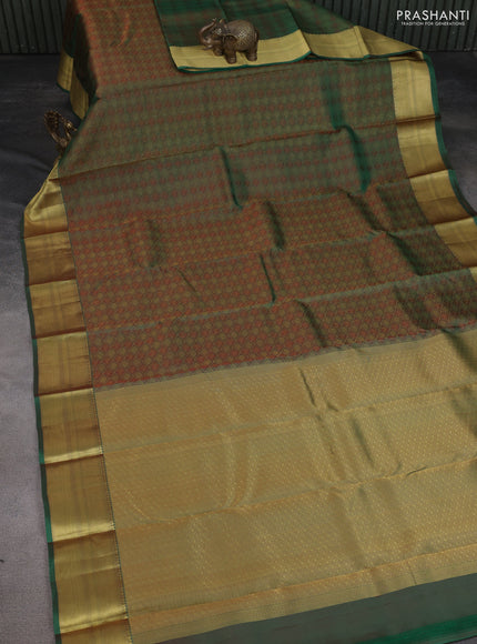 Pure kanchipuram silk saree dual shade of greenish maroon with allover self emboss & zari weaves and zari woven border