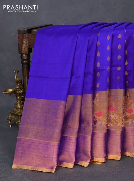 Pure uppada silk saree blue and yellow with allover zari woven thilak buttas and peacock design zari woven border