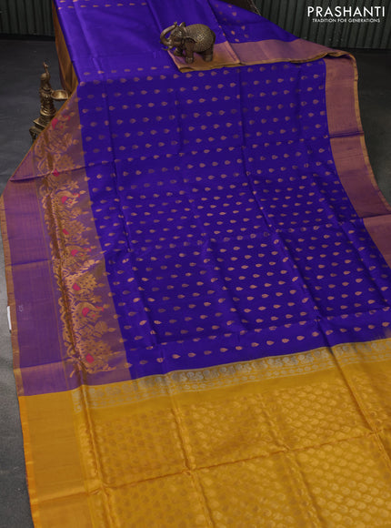 Pure uppada silk saree blue and yellow with allover zari woven thilak buttas and peacock design zari woven border