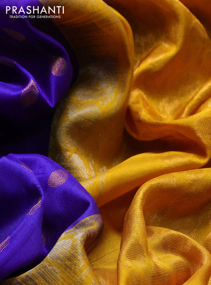 Pure uppada silk saree blue and yellow with allover zari woven thilak buttas and peacock design zari woven border