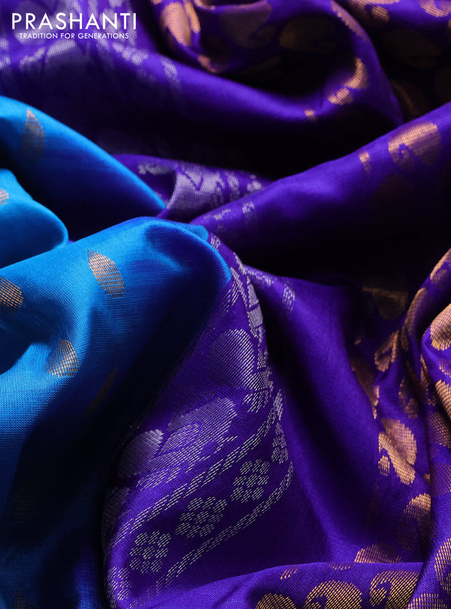 Pure uppada silk saree cs blue and violet with allover zari woven thilak buttas and peacock design zari woven border