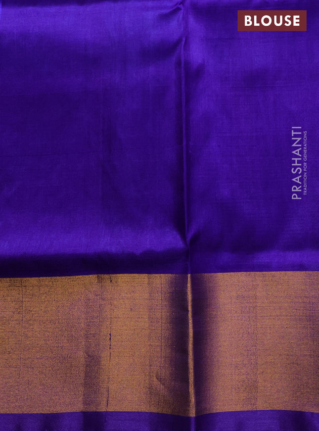 Pure uppada silk saree cs blue and violet with allover zari woven thilak buttas and peacock design zari woven border