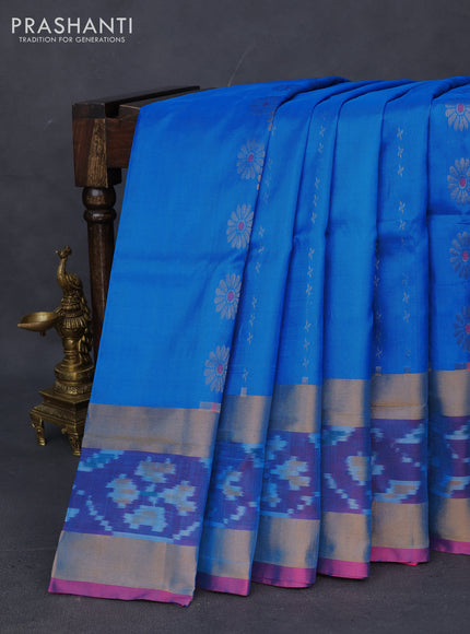 Pure uppada silk saree cs blue and pink with silver & gold zari weaves and zari woven ikat style border