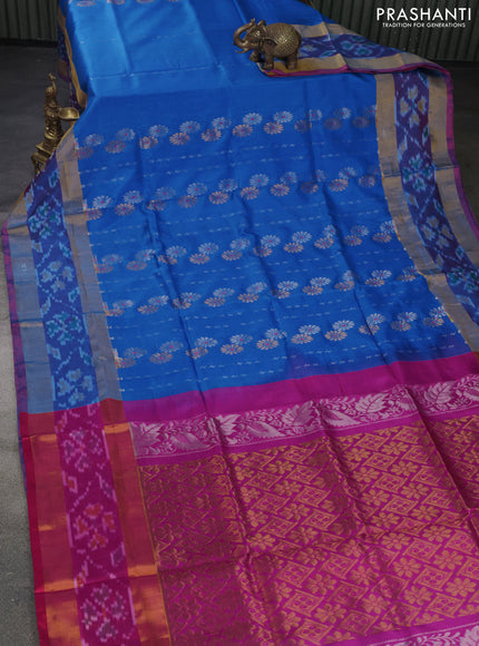 Pure uppada silk saree cs blue and pink with silver & gold zari weaves and zari woven ikat style border
