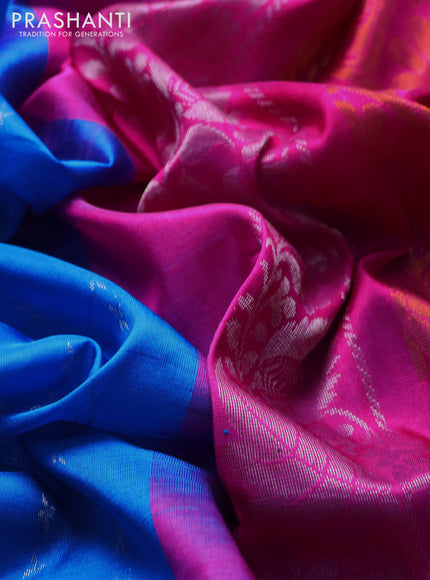 Pure uppada silk saree cs blue and pink with silver & gold zari weaves and zari woven ikat style border
