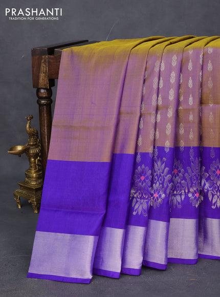 Pure uppada silk saree dual shade of mustard and blue with allover silver zari woven buttas and long silver zari woven border