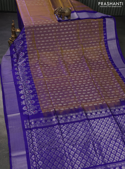 Pure uppada silk saree dual shade of mustard and blue with allover silver zari woven buttas and long silver zari woven border