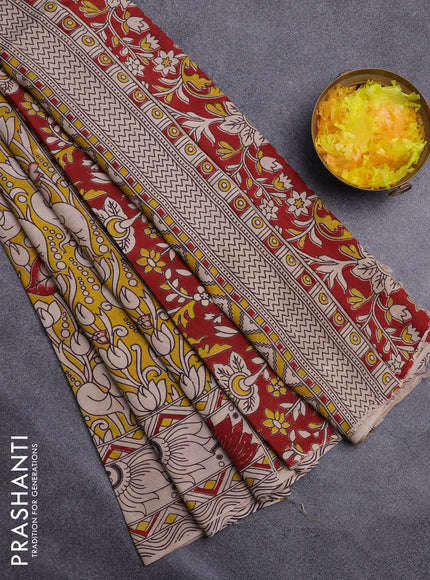 Kalamkari semi silk saree yellow and beige with allover kalamkari prints and printed border