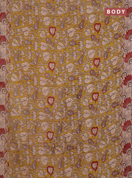 Kalamkari semi silk saree yellow and beige with allover kalamkari prints and printed border