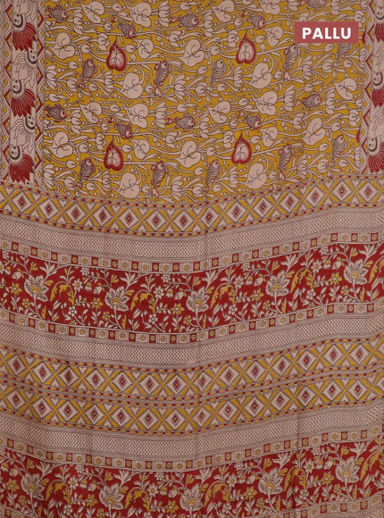 Kalamkari semi silk saree yellow and beige with allover kalamkari prints and printed border