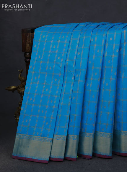 Pure kanchipuram silk saree light blue and maroon with allover zari woven checked pattern and zari woven border