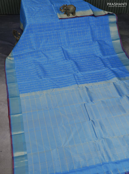 Pure kanchipuram silk saree light blue and maroon with allover zari woven checked pattern and zari woven border