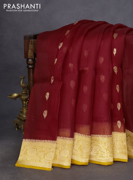 Banarasi organza silk saree red and mango yellow with zari woven buttas and zari woven border
