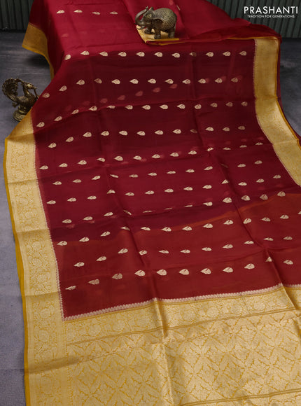 Banarasi organza silk saree red and mango yellow with zari woven buttas and zari woven border