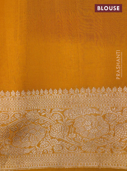 Banarasi organza silk saree red and mango yellow with zari woven buttas and zari woven border