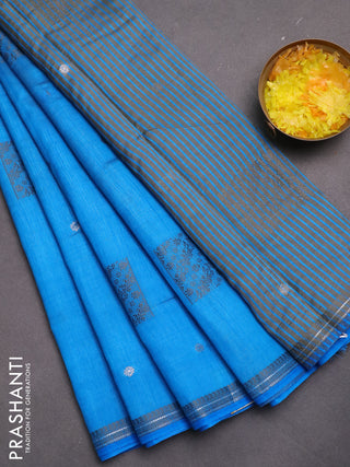 Semi raw silk saree cs blue with thread & zari woven buttas and woven border