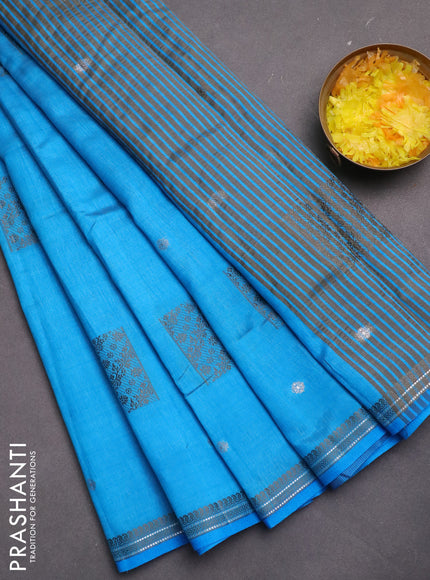 Semi raw silk saree cs blue with thread & zari woven buttas and woven border