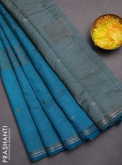 Semi raw silk saree teal blue with thread & zari woven buttas and woven border