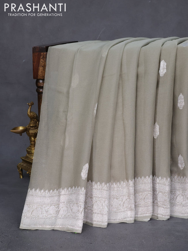 Banarasi chiffon saree grey shade with silver zari woven buttas and silver zari woven border