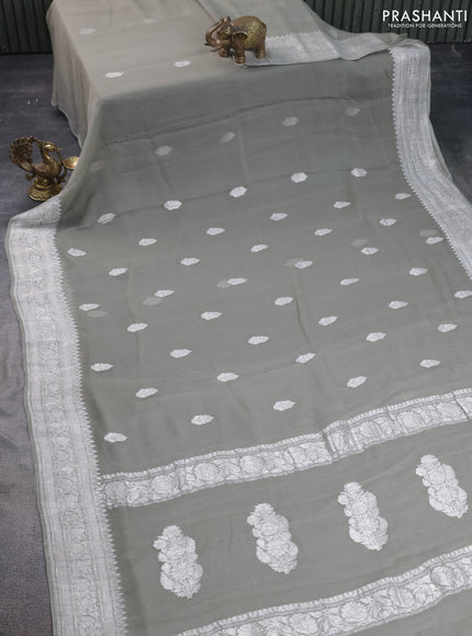 Banarasi chiffon saree grey shade with silver zari woven buttas and silver zari woven border