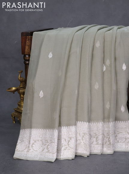 Banarasi chiffon saree grey shade with silver zari woven buttas and silver zari woven border