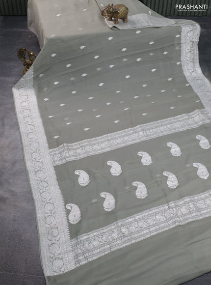 Banarasi chiffon saree grey shade with silver zari woven buttas and silver zari woven border