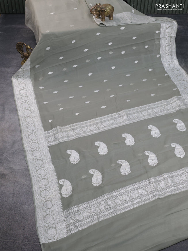 Banarasi chiffon saree grey shade with silver zari woven buttas and silver zari woven border