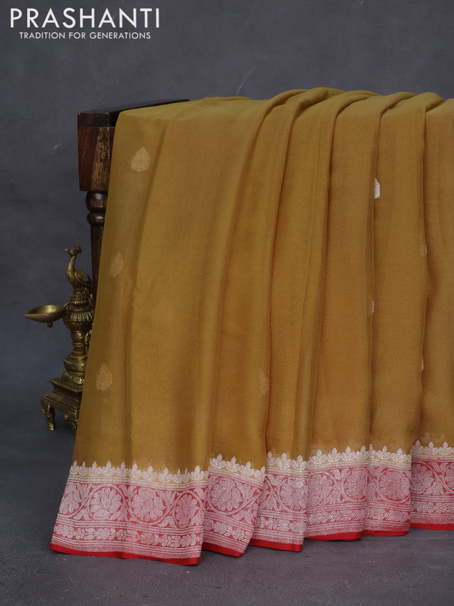 Banarasi chiffon saree dark sandal and maroon with silver zari woven buttas and silver zari woven border