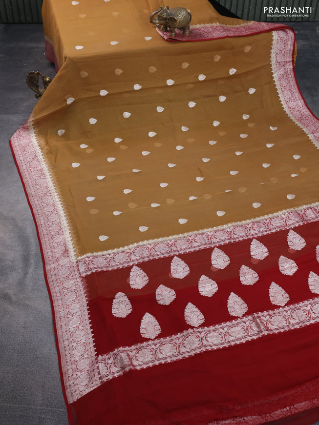 Banarasi chiffon saree dark sandal and maroon with silver zari woven buttas and silver zari woven border