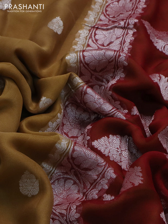 Banarasi chiffon saree dark sandal and maroon with silver zari woven buttas and silver zari woven border