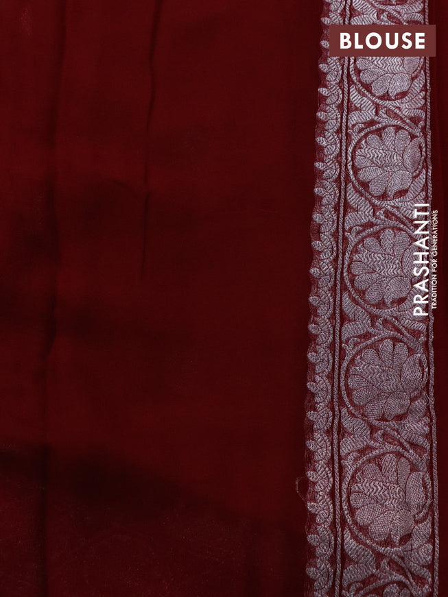 Banarasi chiffon saree dark sandal and maroon with silver zari woven buttas and silver zari woven border