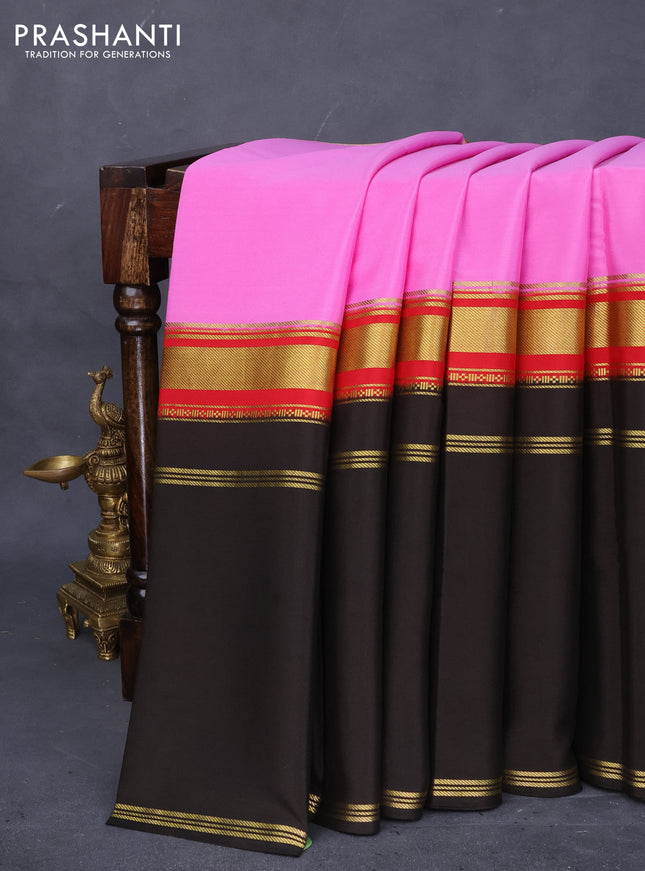 Pure mysore silk saree light pink and red black with plain body and long rettapet zari woven border