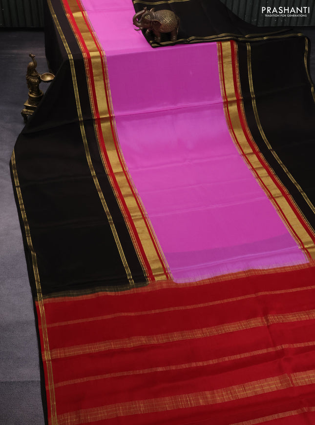 Pure mysore silk saree light pink and red black with plain body and long rettapet zari woven border