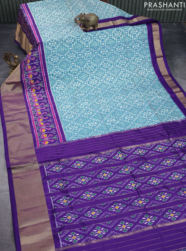 Pochampally silk saree teal blue and violet with allover ikat weaves and long ikat woven zari border