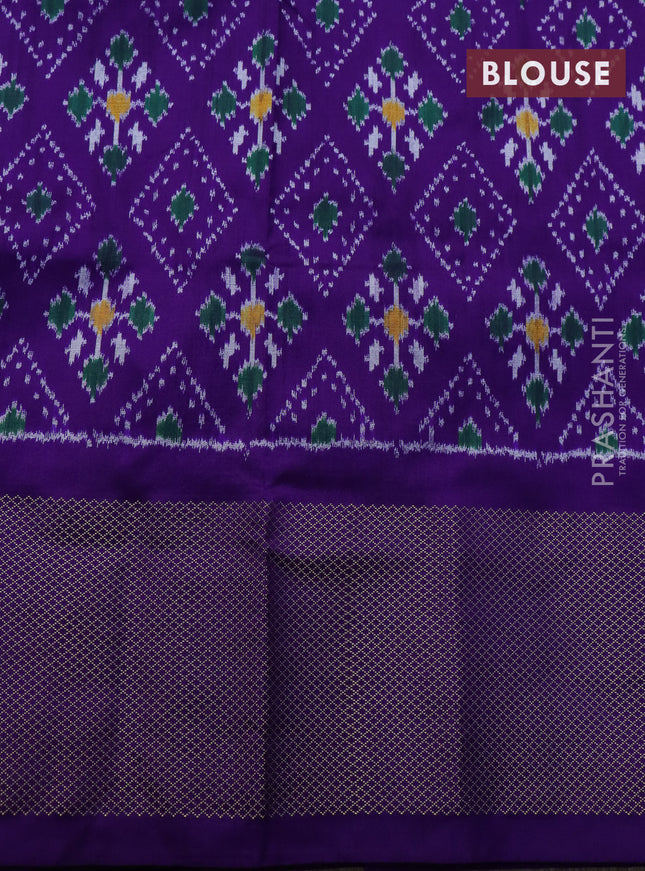 Pochampally silk saree teal blue and violet with allover ikat weaves and long ikat woven zari border