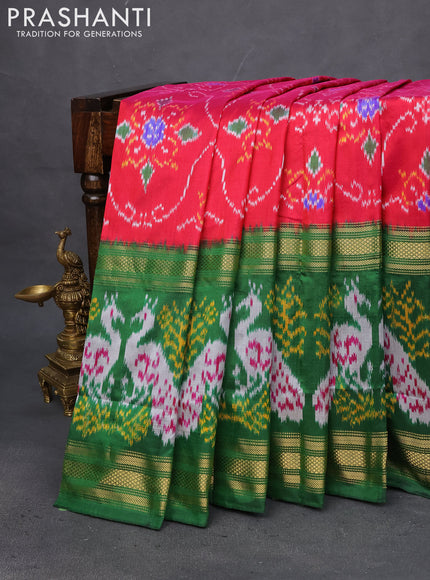 Pochampally silk saree reddish pink and green with allover ikat weaves and long rettapet zari woven border
