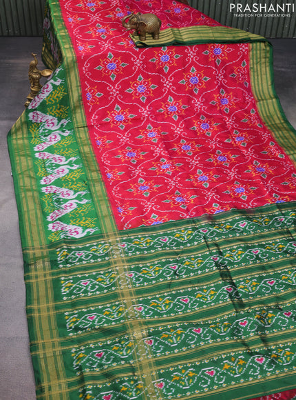 Pochampally silk saree reddish pink and green with allover ikat weaves and long rettapet zari woven border