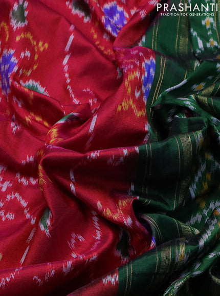 Pochampally silk saree reddish pink and green with allover ikat weaves and long rettapet zari woven border