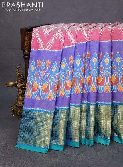 Pochampally silk saree pink shade and dual shade of teal green with allover zig zag weaves and zari woven border