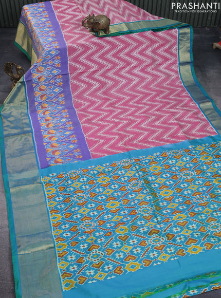 Pochampally silk saree pink shade and dual shade of teal green with allover zig zag weaves and zari woven border