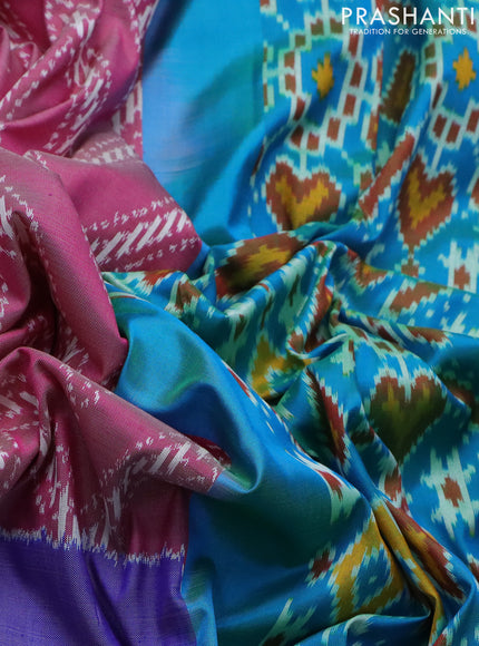 Pochampally silk saree pink shade and dual shade of teal green with allover zig zag weaves and zari woven border