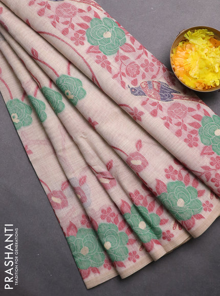 Munga cotton saree beige and maroon with allover floral thread weaves and thread woven border