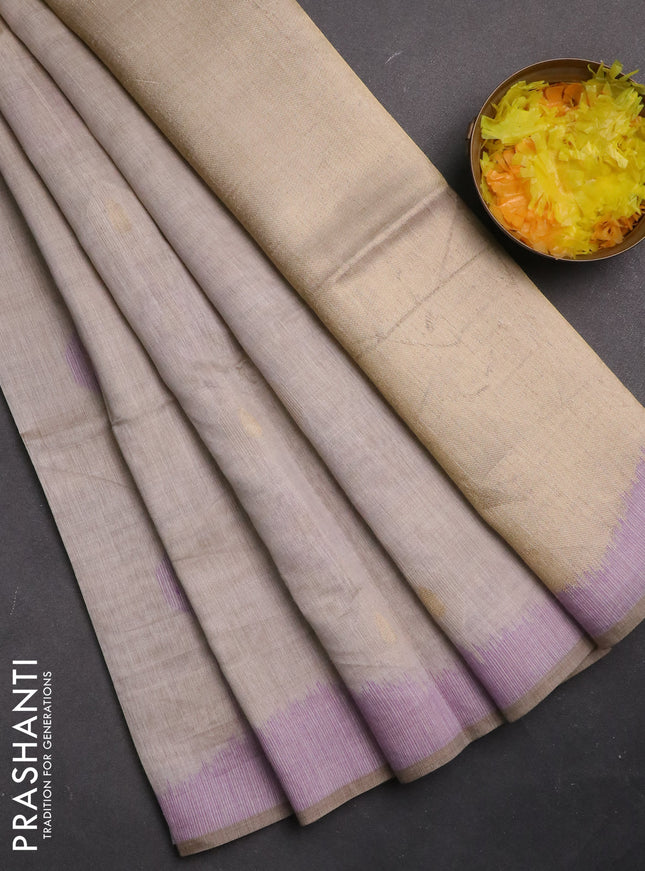 Munga cotton saree beige and lavender with thread & zari weaves and thread woven border