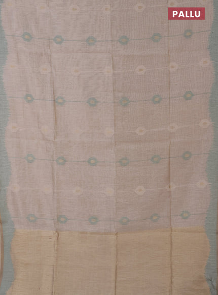 Munga cotton saree beige and green with thread & zari weaves and thread woven border