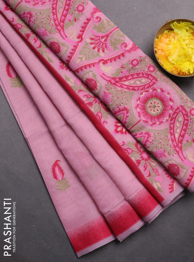 Munga cotton saree light pink and pink with thread woven buttas in borderless style