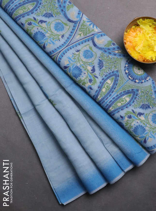 Munga cotton saree light blue and blue with thread woven buttas in borderless style