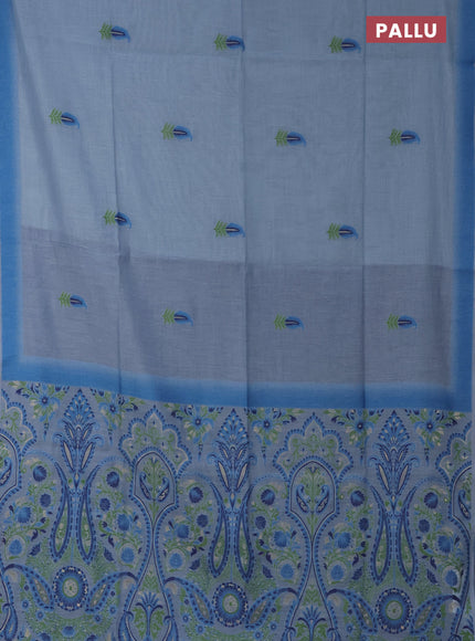 Munga cotton saree light blue and blue with thread woven buttas in borderless style